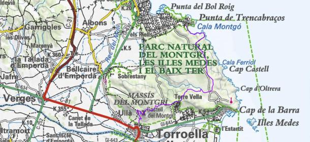 Plànol Cala Montgó a Castell de Montgrí